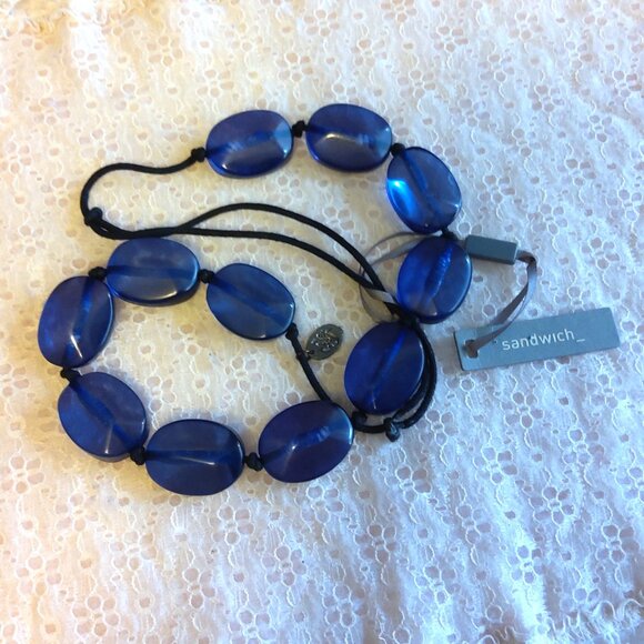 Vintage NEW sandwich jewellery Large Blue Oval Beads VTG Necklace - Picture 1 of 8